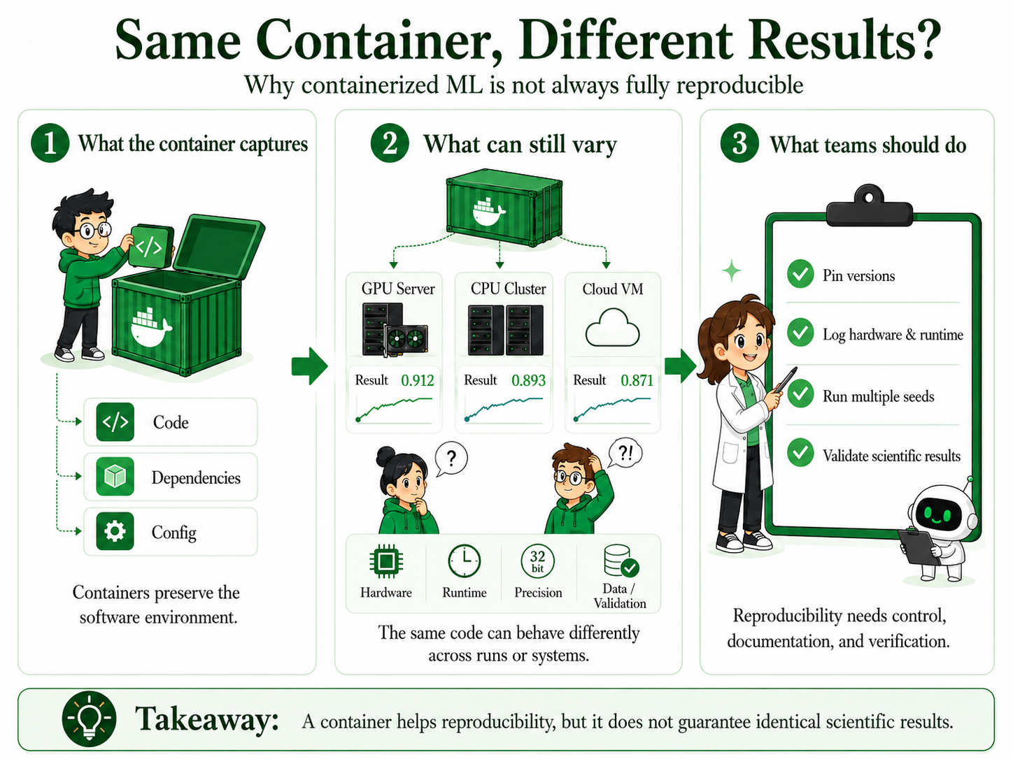 Containerization captures the software environment but reproducibility requires control across the full stack
