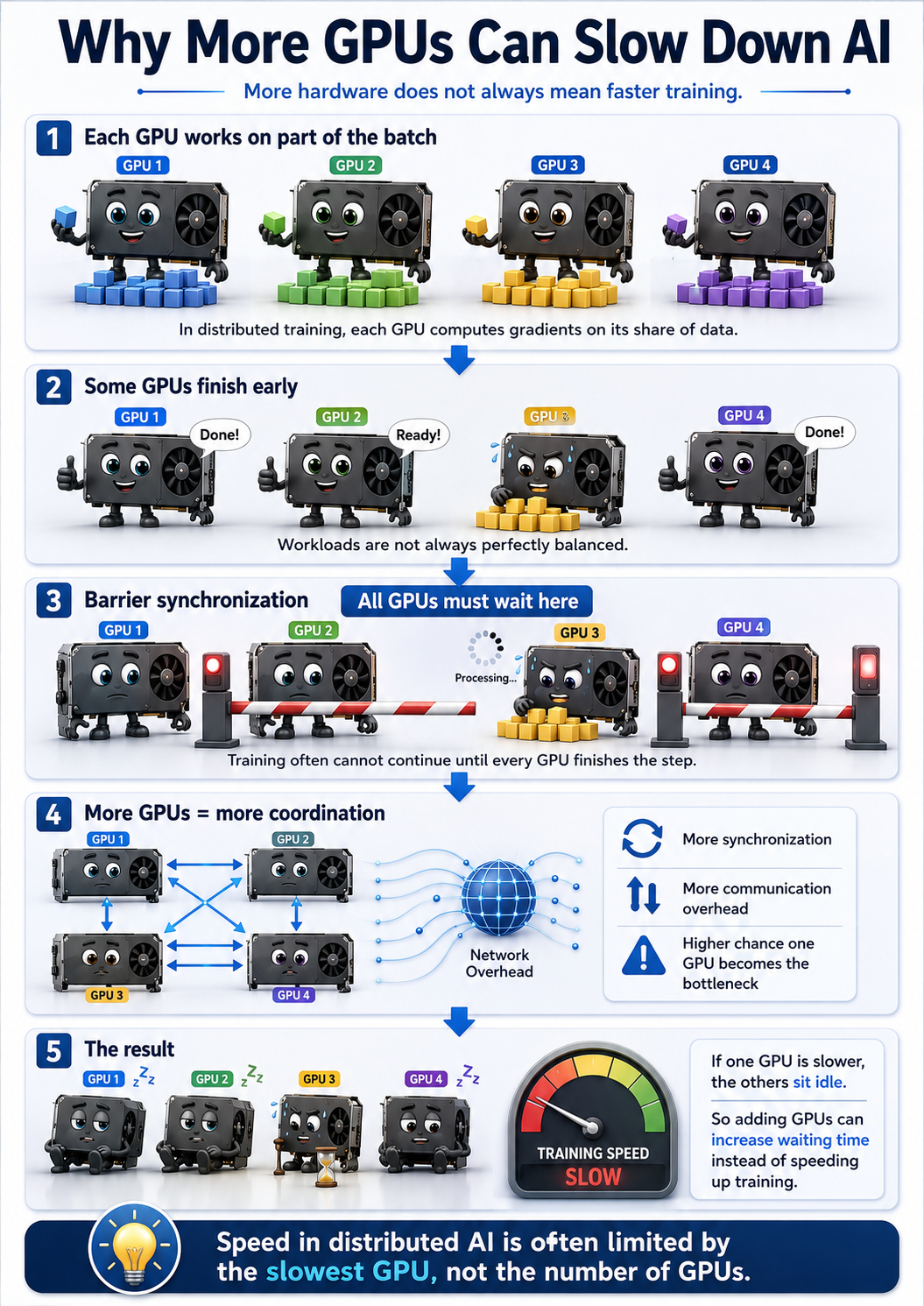 Why More GPUs Can Slow Down AI - Infographic showing 5 stages: GPU workload distribution, uneven completion, barrier synchronization, network coordination overhead, and training slowdown